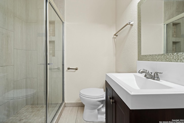 bathroom with vanity, toilet, and a shower with shower door