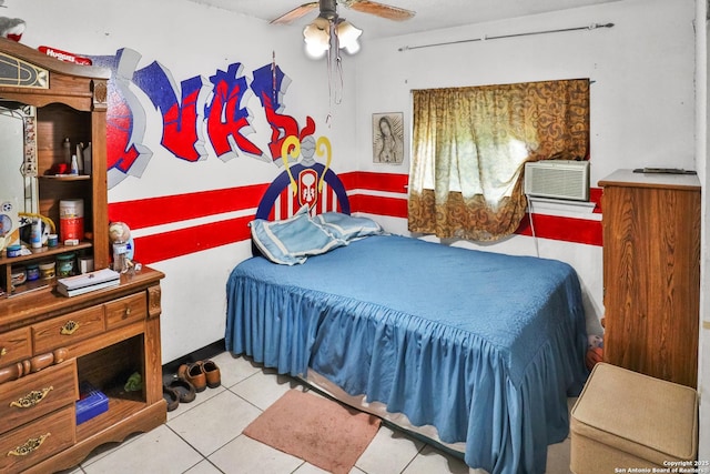 tiled bedroom with ceiling fan