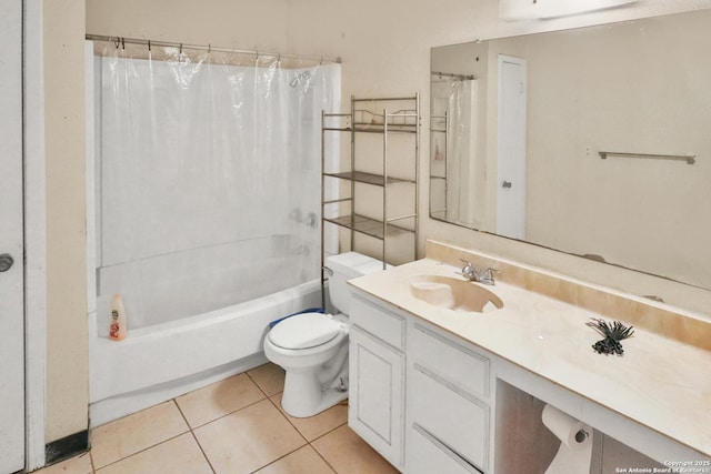 full bathroom with tile patterned flooring, vanity, shower / tub combo, and toilet