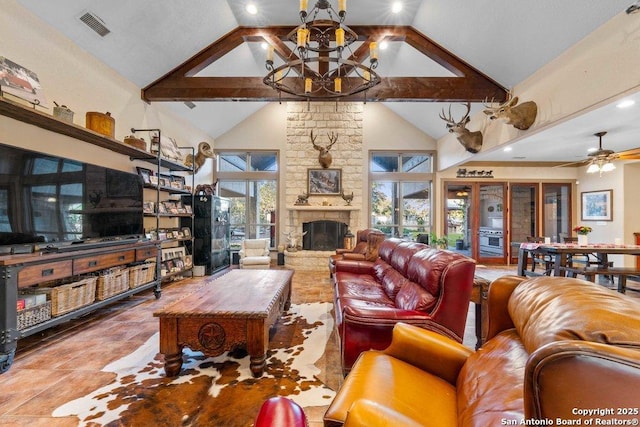 living room featuring beamed ceiling, high vaulted ceiling, ceiling fan, and a fireplace