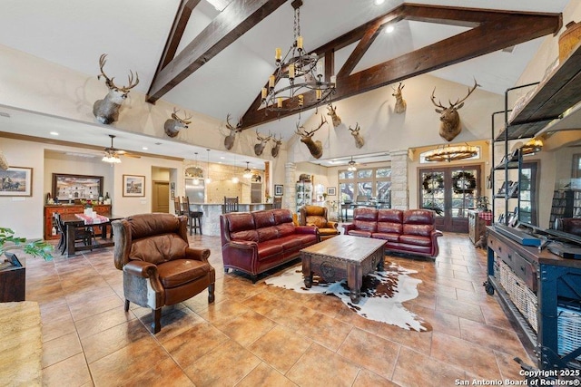 living room featuring ceiling fan, beam ceiling, high vaulted ceiling, and french doors