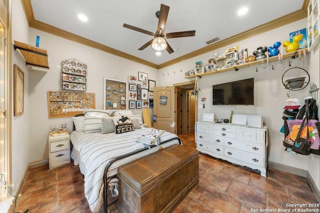 bedroom with ceiling fan and ornamental molding