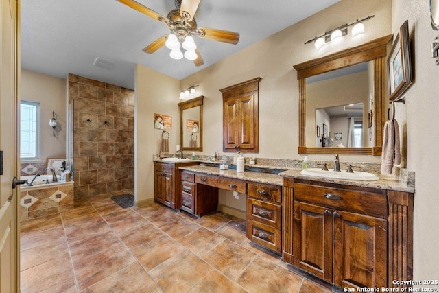 bathroom featuring vanity, separate shower and tub, and ceiling fan