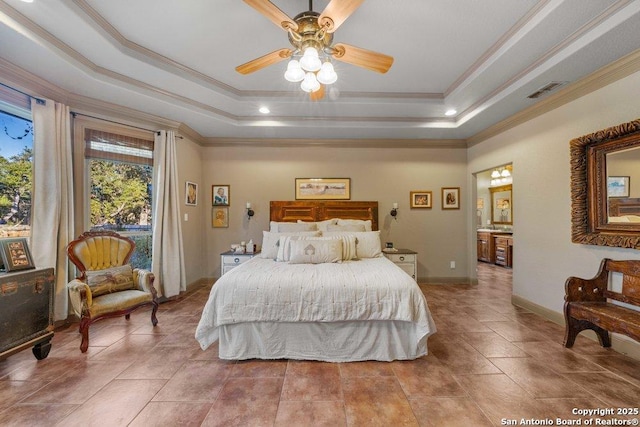 bedroom featuring a raised ceiling, ceiling fan, and crown molding