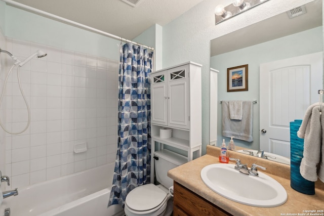 full bathroom with toilet, a textured ceiling, vanity, and shower / tub combo with curtain