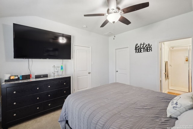 bedroom featuring light carpet and ceiling fan