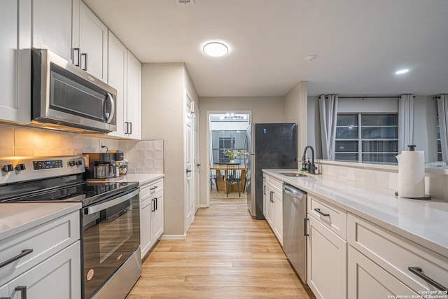 kitchen featuring decorative backsplash, sink, white cabinets, and appliances with stainless steel finishes