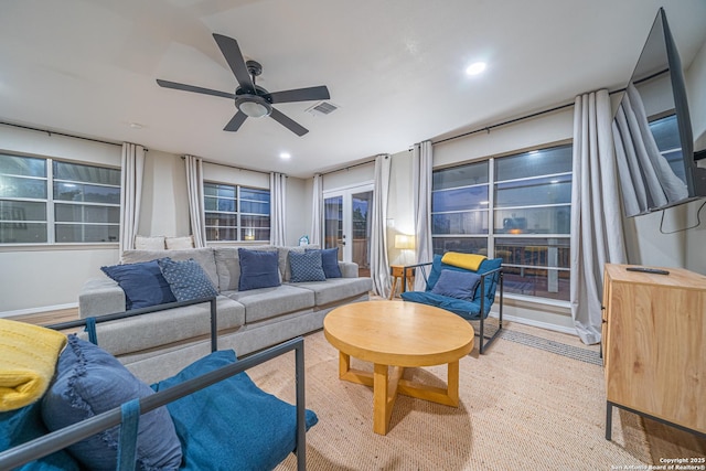 living room featuring ceiling fan