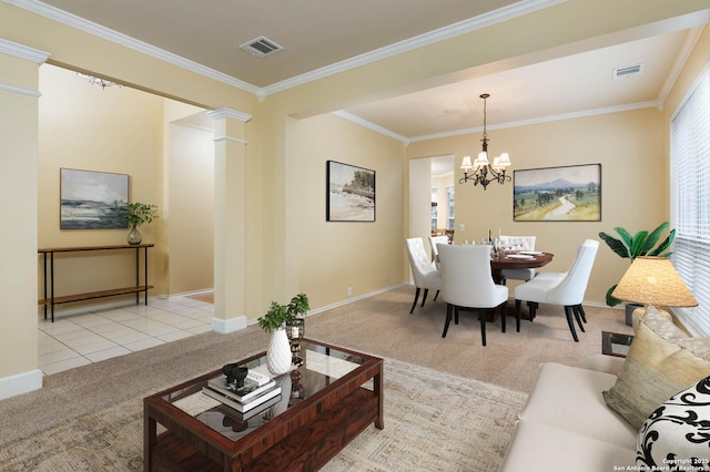 living room with decorative columns, light carpet, crown molding, and an inviting chandelier