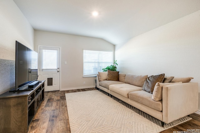 living room featuring wood-type flooring and vaulted ceiling