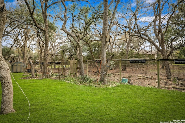 view of yard featuring a storage unit