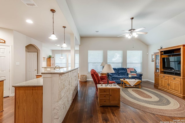 living room featuring plenty of natural light, dark hardwood / wood-style floors, lofted ceiling, and ceiling fan