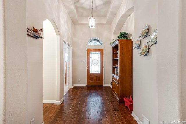 foyer featuring dark hardwood / wood-style flooring, a raised ceiling, and a high ceiling