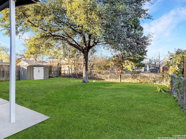 view of yard with a patio area and a storage shed