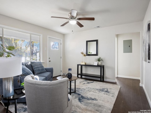 living room featuring ceiling fan, dark hardwood / wood-style flooring, and electric panel