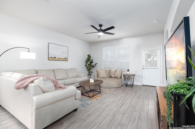 living room with ceiling fan and light hardwood / wood-style flooring