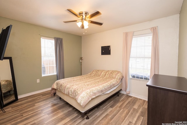 bedroom with multiple windows, ceiling fan, and wood-type flooring