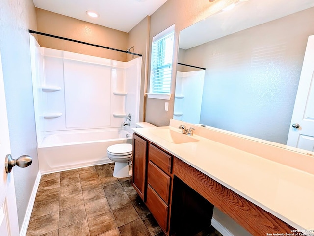 full bathroom with toilet, vanity, and bathing tub / shower combination