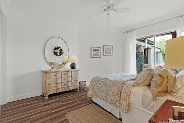 bedroom with ornamental molding, access to exterior, dark wood-style floors, baseboards, and ceiling fan