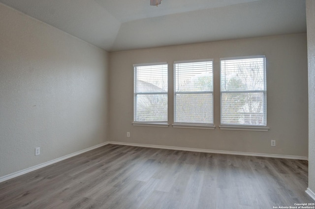 unfurnished room featuring light hardwood / wood-style flooring and lofted ceiling