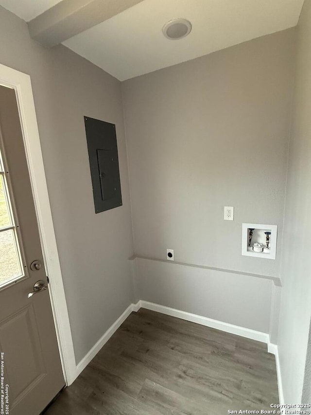 clothes washing area featuring hardwood / wood-style floors, hookup for a washing machine, electric panel, and hookup for an electric dryer