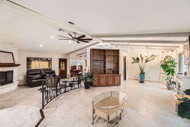 tiled living room featuring a brick fireplace, ceiling fan, and lofted ceiling with beams