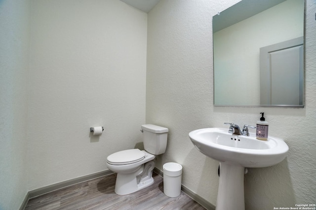 bathroom with hardwood / wood-style flooring and toilet