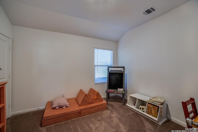 miscellaneous room with dark carpet and vaulted ceiling