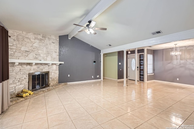 unfurnished living room with vaulted ceiling with beams, a fireplace, light tile patterned floors, and ceiling fan with notable chandelier