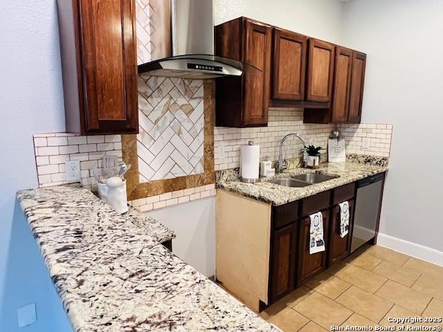 kitchen featuring backsplash, stainless steel dishwasher, wall chimney exhaust hood, and sink