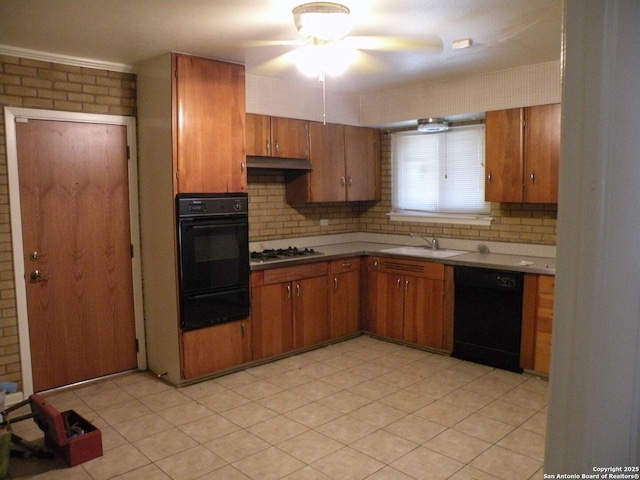 kitchen with black appliances, backsplash, ceiling fan, and sink