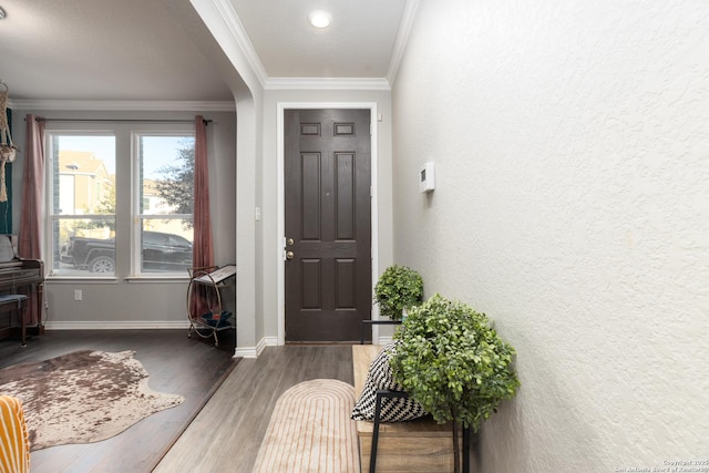 entrance foyer with dark wood-type flooring and ornamental molding