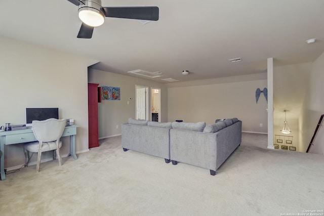 living room with ceiling fan and carpet floors