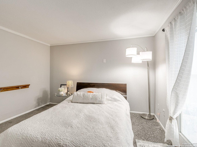 carpeted bedroom with ornamental molding