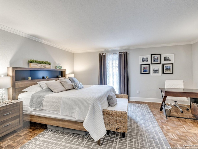 bedroom with parquet flooring, a textured ceiling, and crown molding