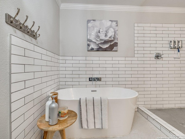 bathroom with separate shower and tub, tile walls, and crown molding