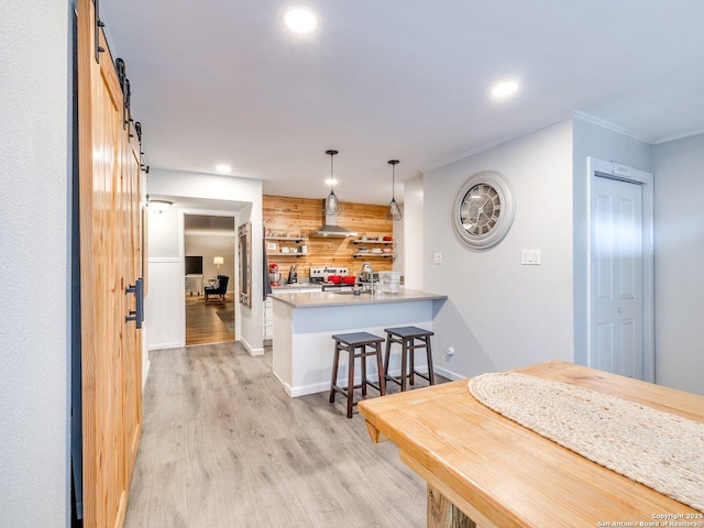 dining area with a barn door, wood walls, sink, and light wood-type flooring