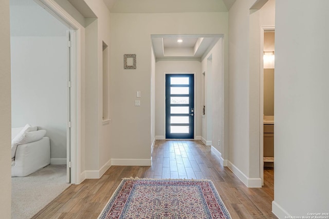 entryway with light wood-type flooring and a tray ceiling