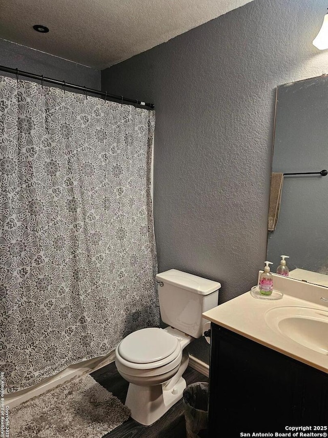 bathroom with vanity, a textured ceiling, and toilet