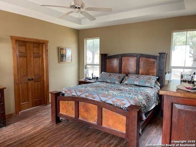 bedroom featuring dark hardwood / wood-style floors, ceiling fan, and a tray ceiling