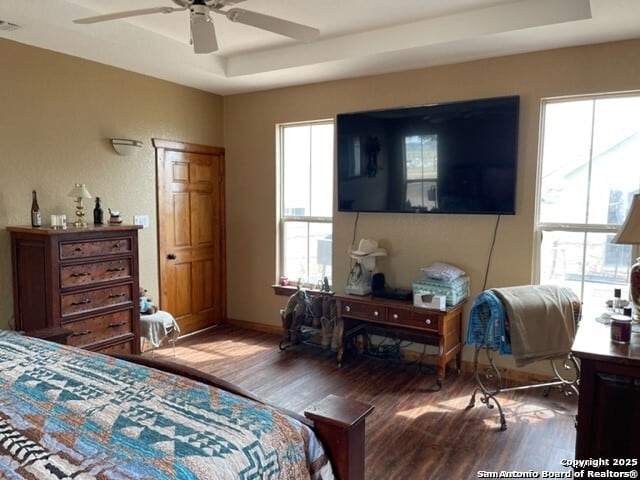 bedroom with hardwood / wood-style flooring, ceiling fan, a raised ceiling, and multiple windows