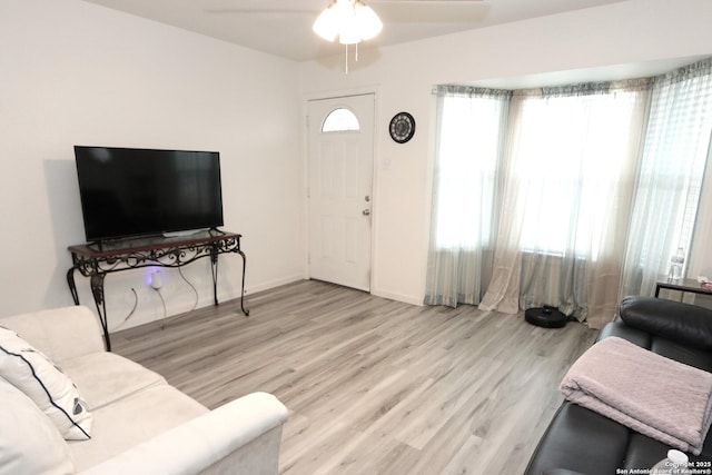 living room featuring ceiling fan and light hardwood / wood-style flooring