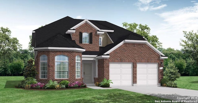 view of front of home with a garage and a front lawn