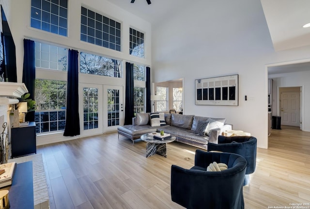 living room featuring a towering ceiling and light hardwood / wood-style floors