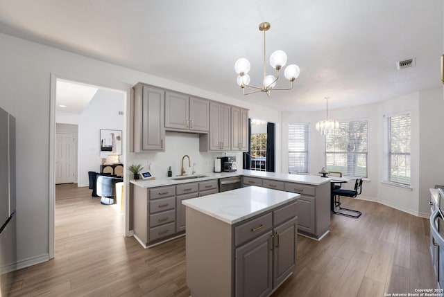 kitchen featuring sink, hanging light fixtures, a chandelier, gray cabinets, and a kitchen island