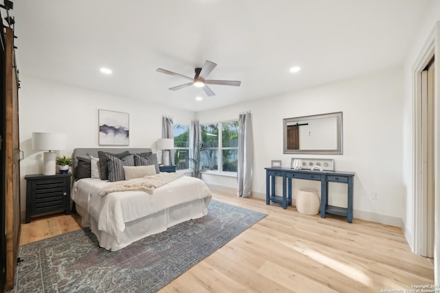 bedroom with ceiling fan and light hardwood / wood-style flooring