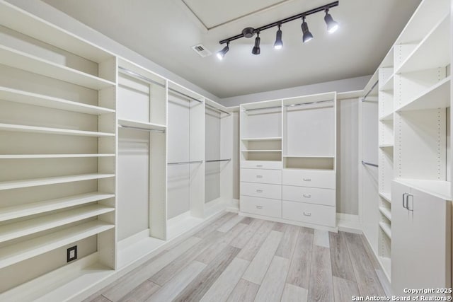 walk in closet with light hardwood / wood-style flooring