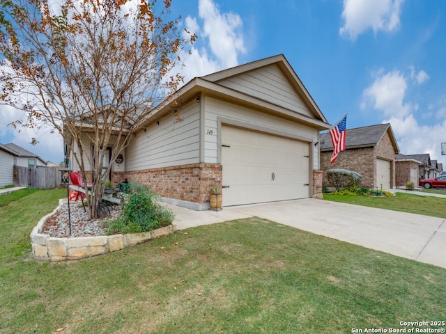 ranch-style home featuring a garage and a front lawn