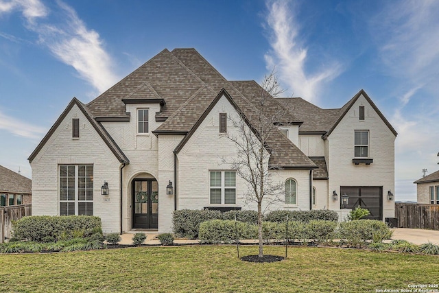 french country home featuring french doors, a front lawn, and a garage