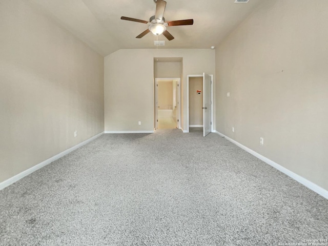 unfurnished bedroom featuring carpet, ceiling fan, and lofted ceiling